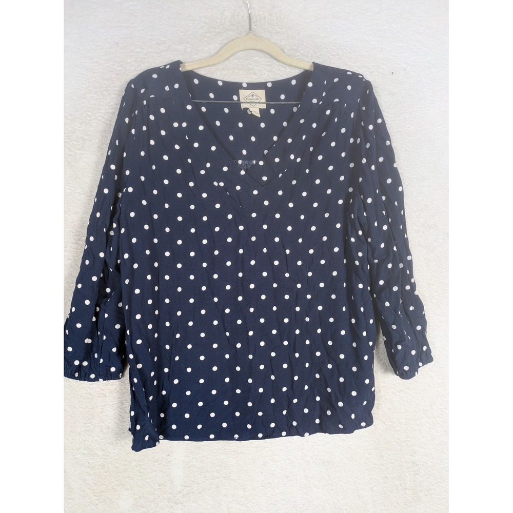 St John's Bay Blouse Women's Medium Navy Blue Polka Dot V-Neck 3/4 Sleeve